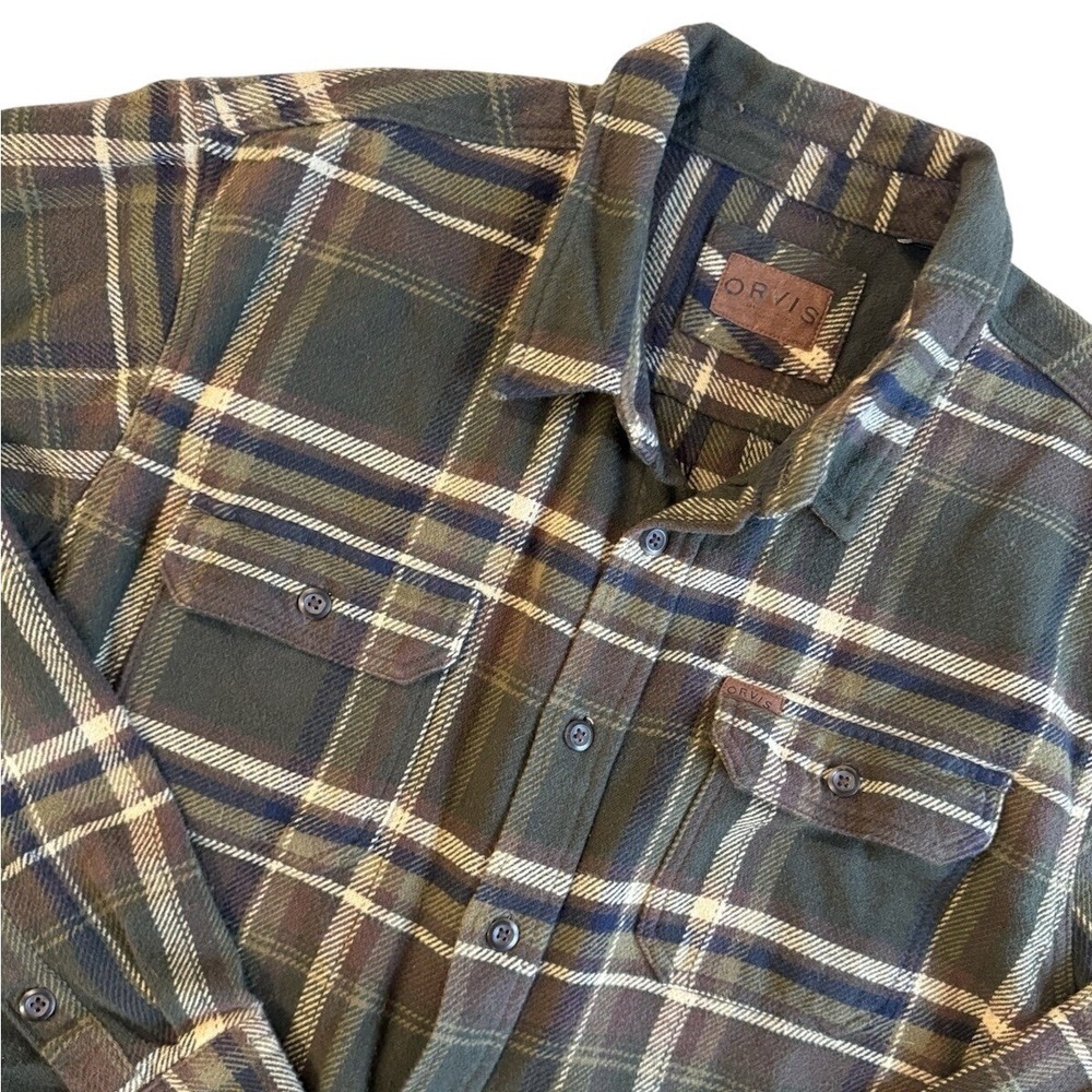 Orvis Flannel Work Shirt Mens XXL Green Plaid Check Button Heavyweight Gorpcore